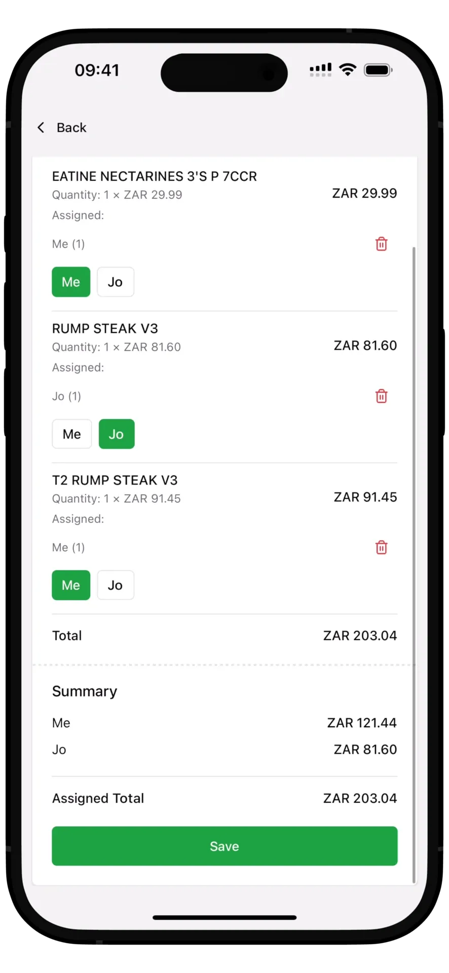Item selection screen