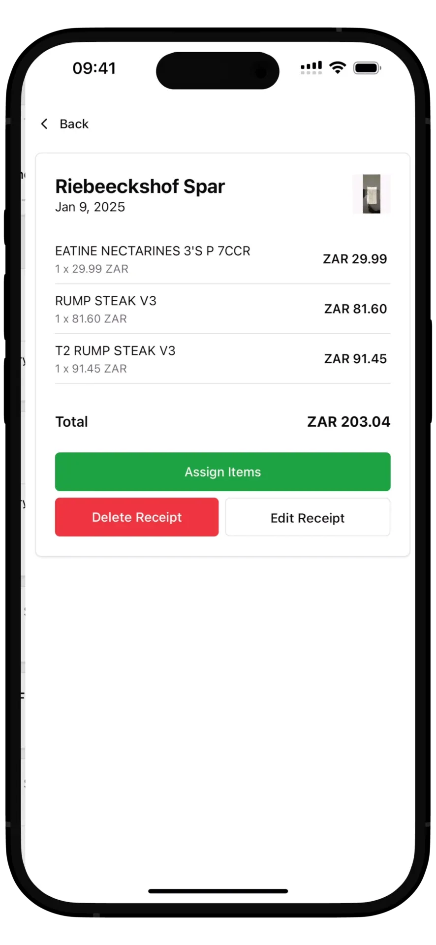 Payment summary screen
